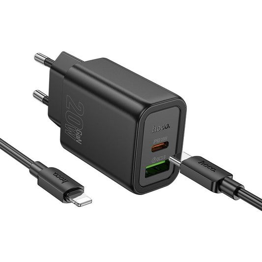 Cargador de Red con Cable USB-C HOCO N61, 20W, 3A, 1 x USB-A - 1 x USB-C, Negro