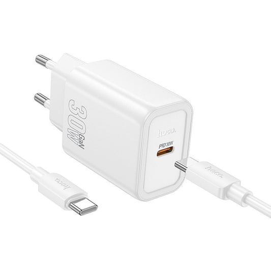 Cargador de Red con Cable USB-C HOCO N62, 30W, 3A, 1 x USB-C, Blanco