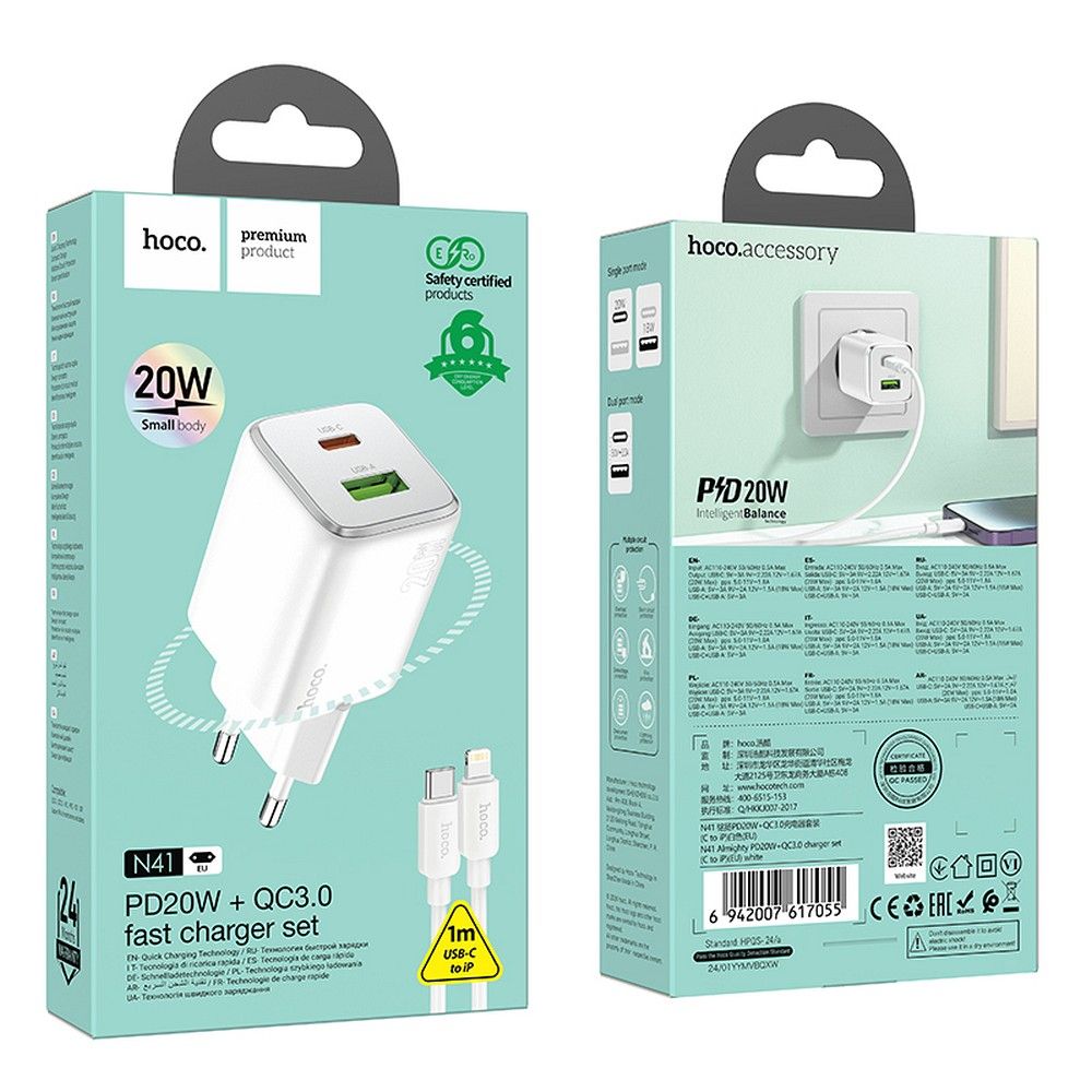 Cargador de Red con Cable Lightning HOCO N41, 20W, 3A, 1 x USB-A - 1 x USB-C, Blanco