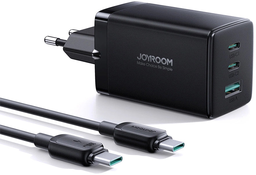 Cargador de Red con Cable USB-C Joyroom TCG01, 65W, 3.25A, 1 x USB-A - 2 x USB-C, Negro