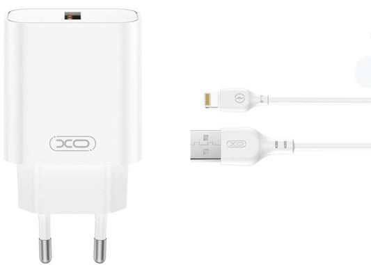 Cargador de Red con Cable Lightning XO Design CE33, 18W, 3A, 1 x USB-A, Blanco
