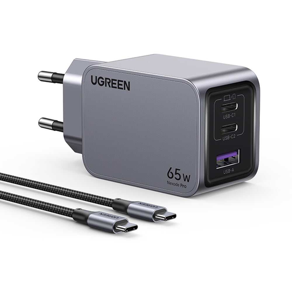 Cargador de Red con Cable USB-C UGREEN X755 Nexode Pro, 65W, 3A, 1 x USB-A - 2 x USB-C, Gris