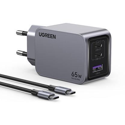 Cargador de Red con Cable USB-C UGREEN X755 Nexode Pro, 65W, 3A, 1 x USB-A - 2 x USB-C, Gris