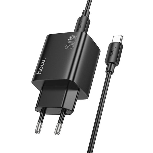 Cargador de Red con Cable USB-C HOCO N56, 30W, 3A, 2 x USB-A - 2 x USB-C, Negro