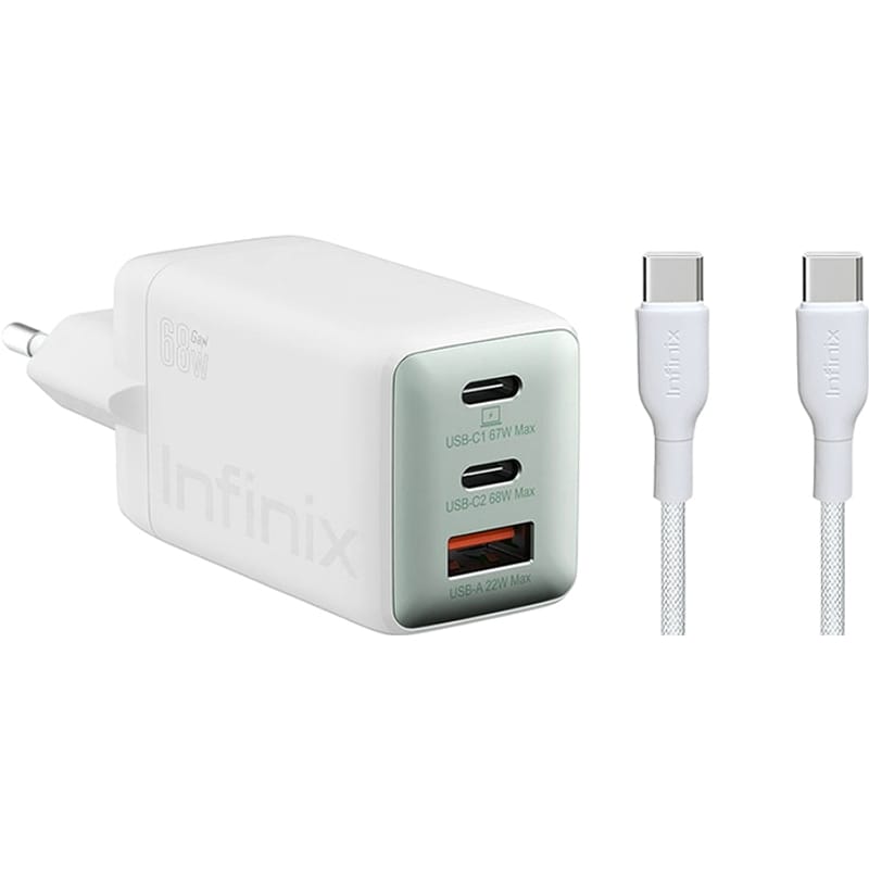 Cargador de Red con Cable USB-C Infinix XC07868EU + XDC95, 68W, 6.2A, 1 x USB-A - 2 x USB-C, Blanco