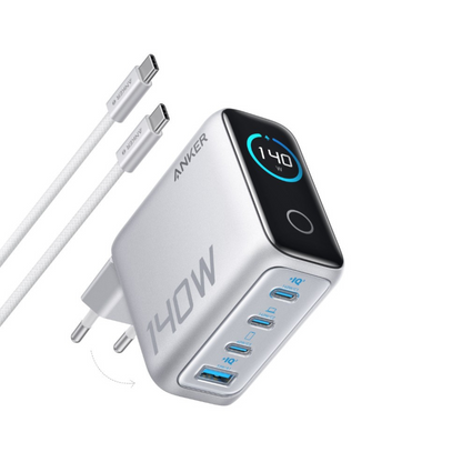 Cargador de Red con Cable USB-C Anker Zolo, 140W, 5A, 1 x USB-A - 3 x USB-C, Plateado B2697G41