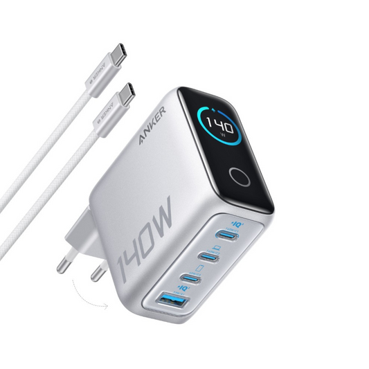 Cargador de Red con Cable USB-C Anker Zolo, 140W, 5A, 1 x USB-A - 3 x USB-C, Plateado B2697G41