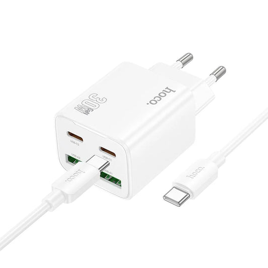Cargador de Red con Cable USB-C HOCO N56, 30W, 3A, 2 x USB-A - 2 x USB-C, Blanco