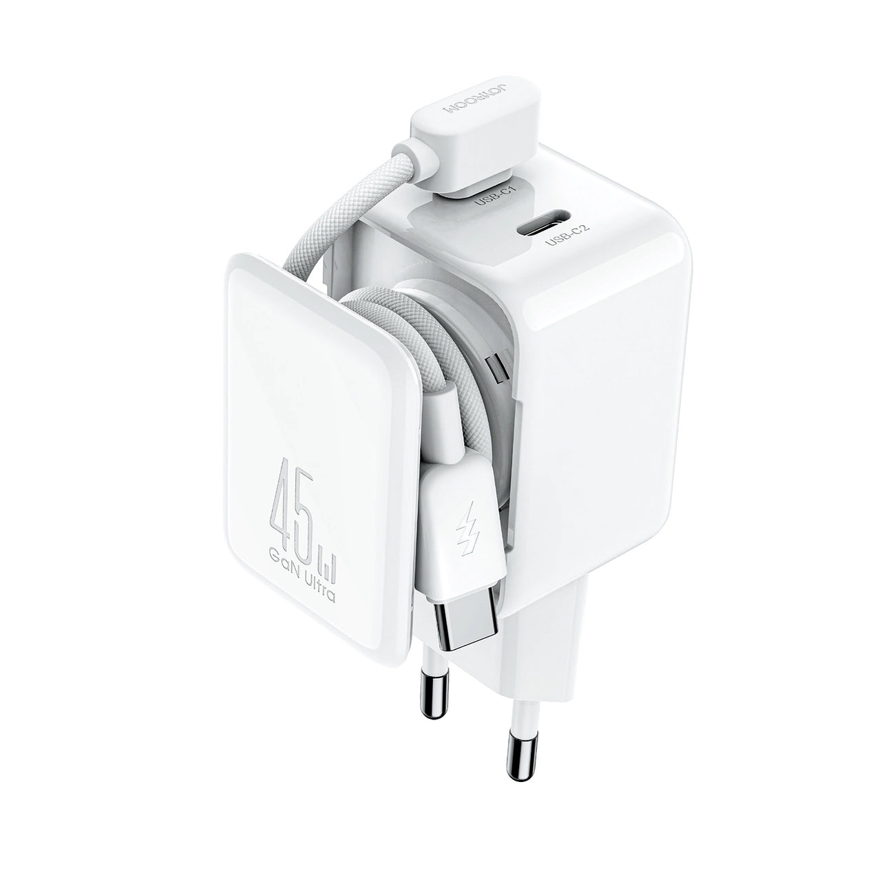 Cargador de Red con Cable USB-C Joyroom JR-TCL05, 45W, 3A, 2 x USB-C, Blanco