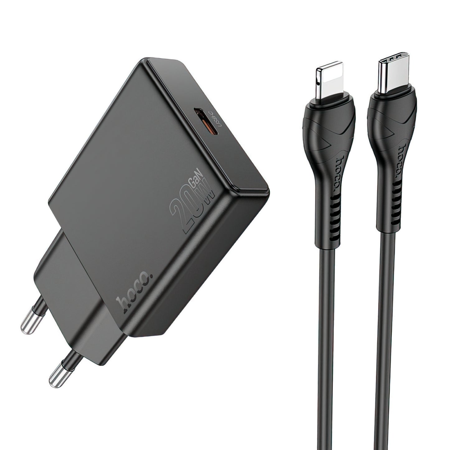 Cargador de Red con Cable Lightning HOCO N37, 30W, 3A, 1 x USB-C, Negro