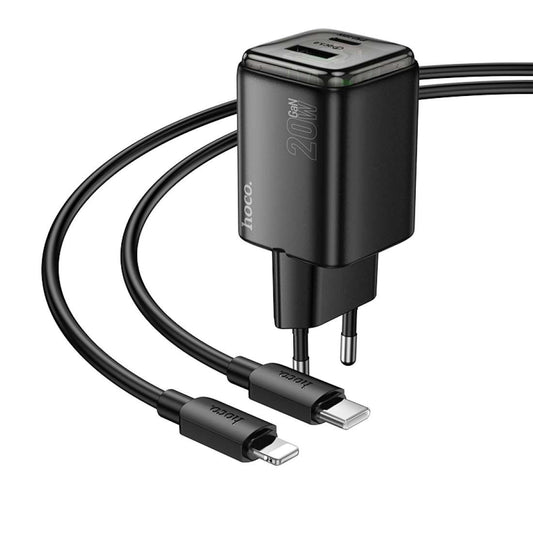 Cargador de Red con Cable Lightning HOCO N52, 20W, 3A, 1 x USB-A - 1 x USB-C, Negro