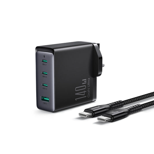Cargador de Red con Cable USB-C Joyroom JR-TCG05UK, 140W, 5A, 1 x USB-A - 3 x USB-C, UK, Negro