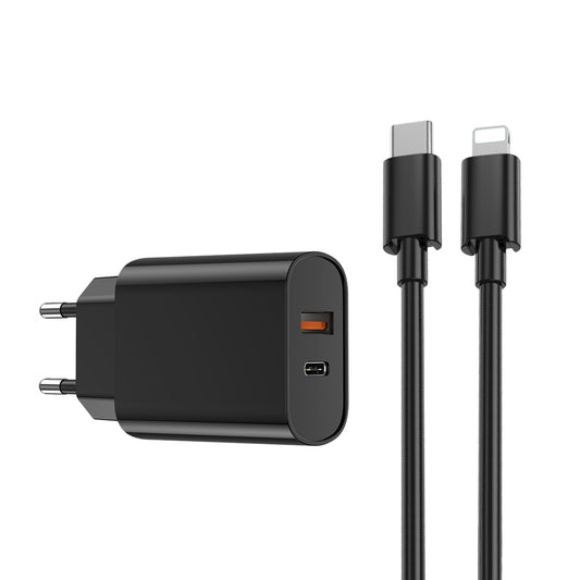 Cargador de Red con Cable Lightning WiWu Wi-U002, 20W, 3A, 1 x USB-A - 1 x USB-C, Negro