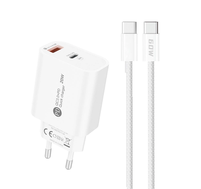 Cargador de Red con Cable USB-C A6MaxL, 20W, 3A, 1 x USB-A - 1 x USB-C, Blanco