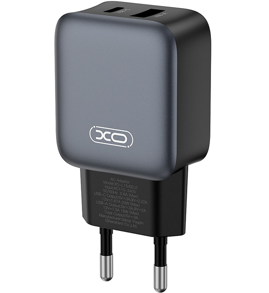 Cargador de Red con Cable Lightning XO Design L154, 20W, 3A, 1 x USB-A - 1 x USB-C, Negro