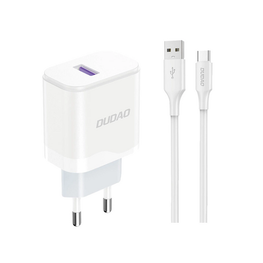 Cargador de Red con Cable USB-C Dudao A20EU, 18W, 3A, 1 x USB-A, Blanco