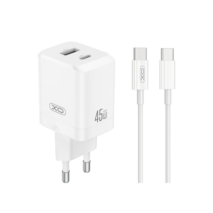 Cargador de Red con Cable USB-C XO Design CE36, 45W, 3A, 1 x USB-A - 1 x USB-C, Blanco