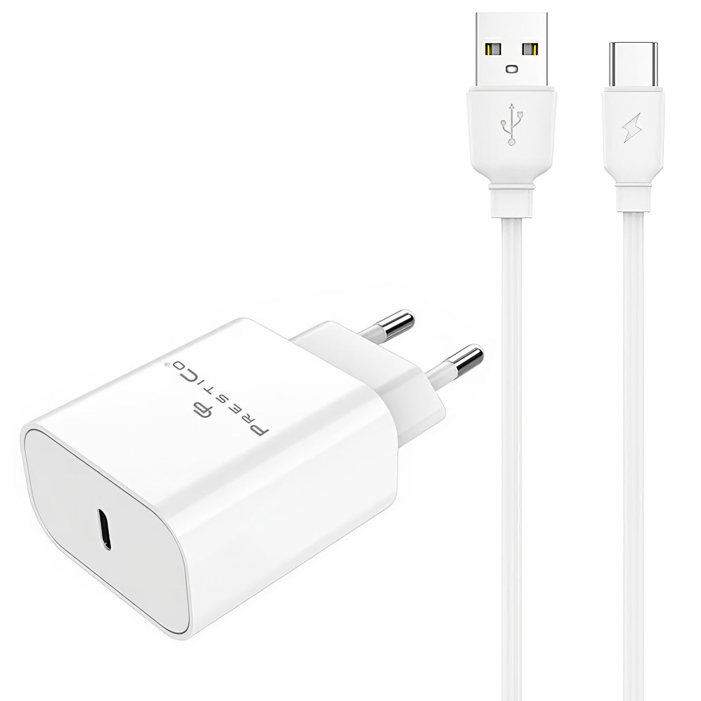 Cargador de Red con Cable USB-C Prestico F15S-C, 30W, 3A, 1 x USB-C, Blanco