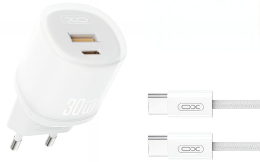 Cargador de Red con Cable USB-C XO Design L151, 30W, 3A, 1 x USB-A - 1 x USB-C, Blanco