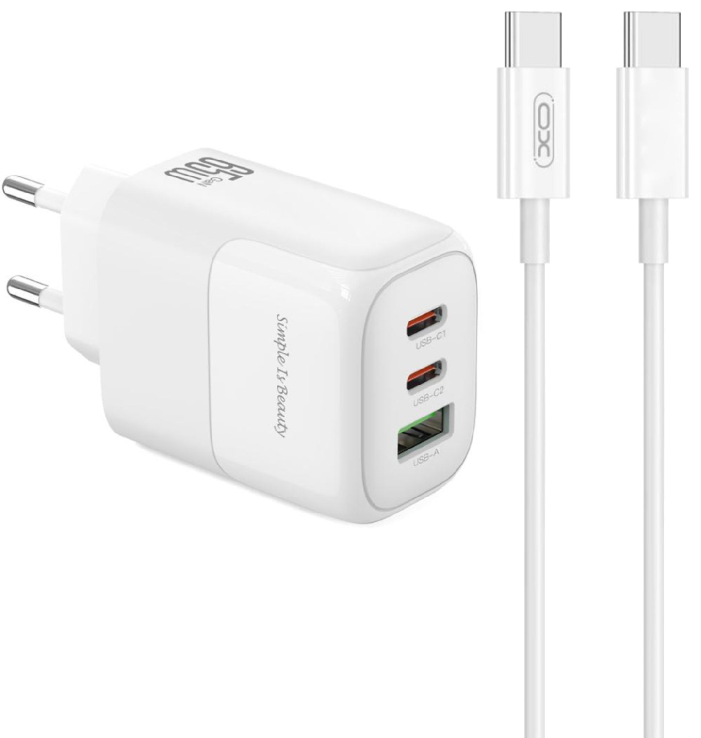 Cargador de Red con Cable USB-C XO Design L139, 65W, 4.5A, 1 x USB-A - 2 x USB-C, Blanco