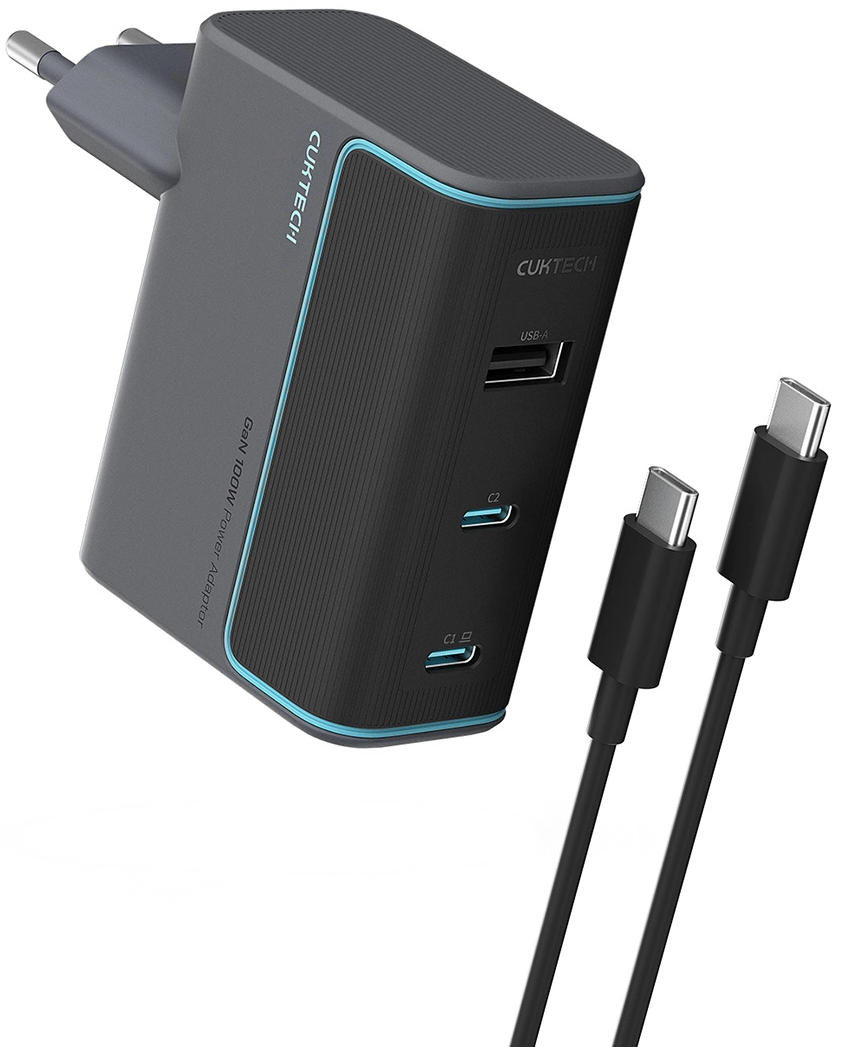 Cargador de Red con Cable USB-C Cuktech, 100W, 5A, 1 x USB-A - 2 x USB-C, Gris CUKAD1003EUG