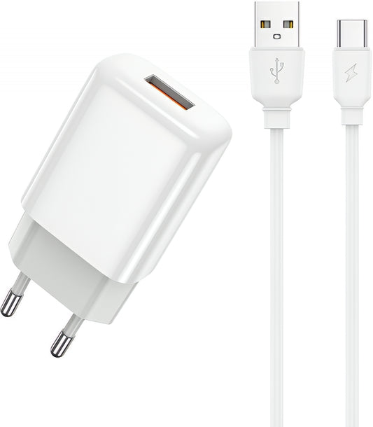 Cargador de Red con Cable USB-C Prestico F9S, 12W, 2.4A, 1 x USB-A, Blanco