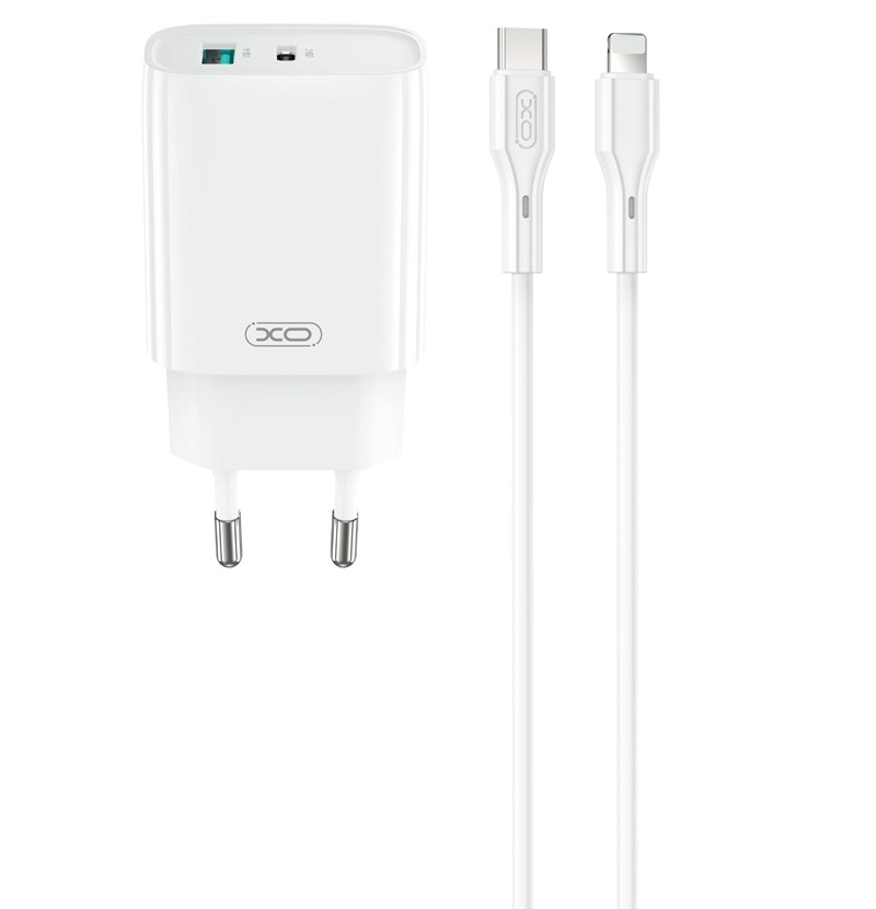 Cargador de Red con Cable Lightning XO Design CE30, 30W, 3A, 1 x USB-A - 1 x USB-C, Blanco