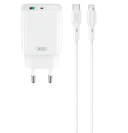 Cargador de Red con Cable Lightning XO Design CE30, 30W, 3A, 1 x USB-A - 1 x USB-C, Blanco