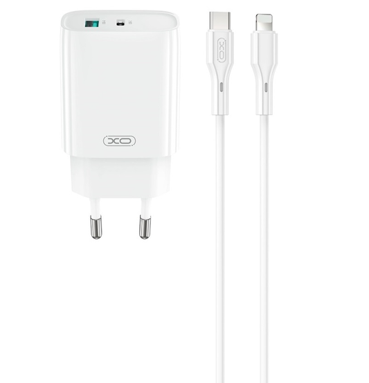 Cargador de Red con Cable Lightning XO Design CE30, 30W, 3A, 1 x USB-A - 1 x USB-C, Blanco