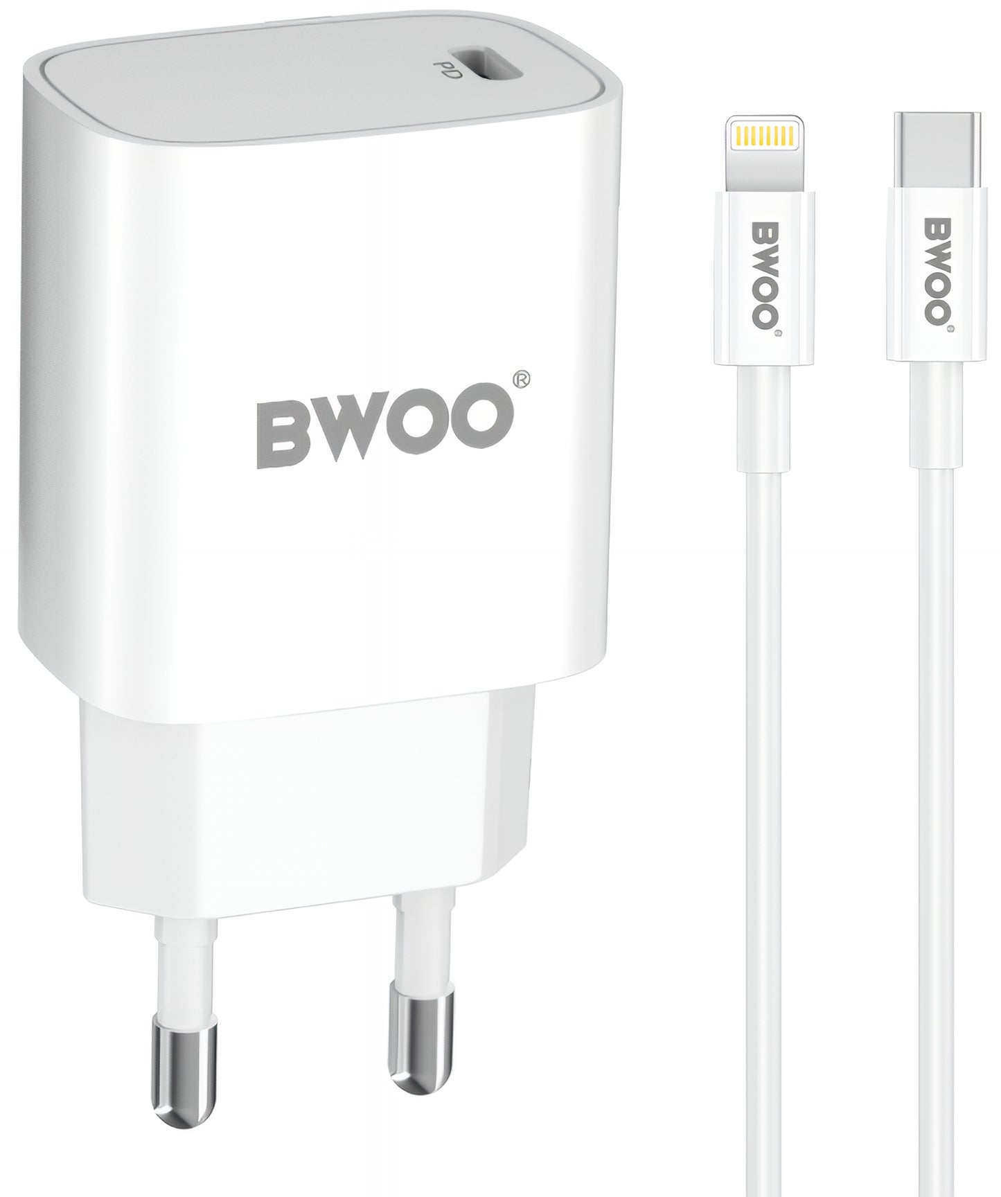 Cargador de Red con Cable Lightning BWOO CDA159, 20W, 3A, 1 x USB-C, Blanco
