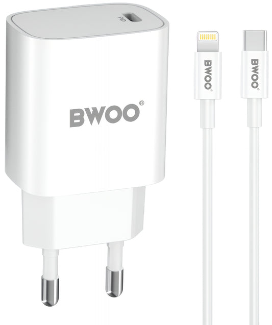 Cargador de Red con Cable Lightning BWOO CDA159, 20W, 3A, 1 x USB-C, Blanco