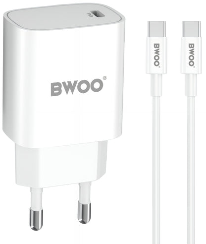 Cargador de Red con Cable USB-C BWOO CDA159, 20W, 3A, 1 x USB-C, Blanco