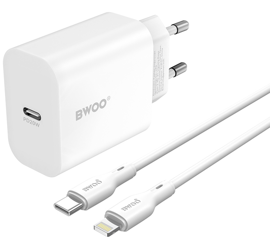 Cargador de Red con Cable Lightning BWOO CDA233, 20W, 3A, 1 x USB-C, Blanco