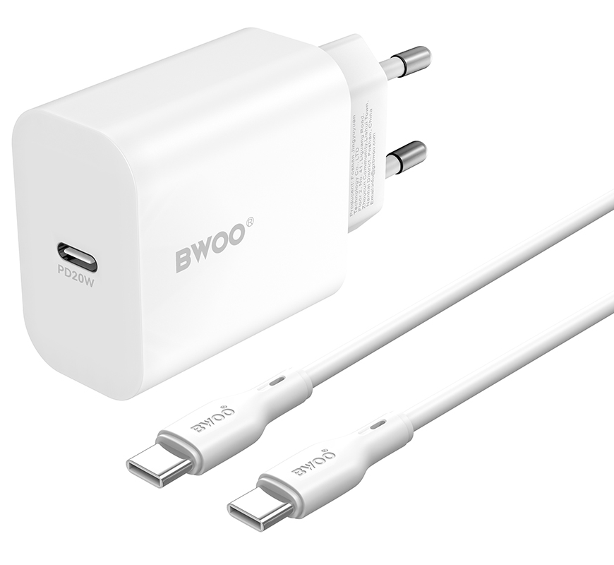 Cargador de Red con Cable USB-C BWOO CDA233, 20W, 3A, 1 x USB-C, Blanco
