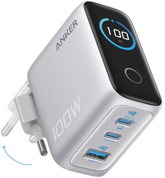 Cargador de Red con Cable USB-C Anker Smart Display, 100W, 5A, 1 x USB-A - 2 x USB-C, Plateado B121BG41