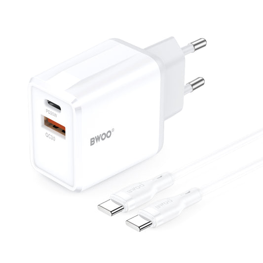 Cargador de Red con Cable USB-C BWOO CDA182, 38W, 3A, 1 x USB-A - 1 x USB-C, Blanco