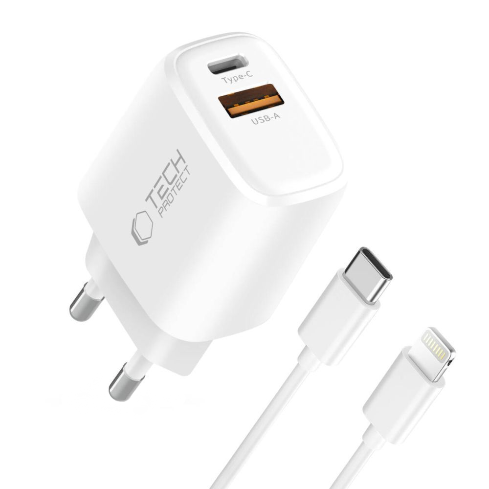 Cargador de Red con Cable Lightning Tech-Protect NCA20, 20W, 3A, 1 x USB-A - 1 x USB-C, Blanco