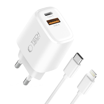 Cargador de Red con Cable Lightning Tech-Protect NCA20, 20W, 3A, 1 x USB-A - 1 x USB-C, Blanco