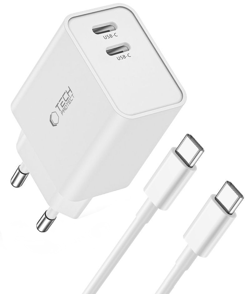 Cargador de Red con Cable USB-C Tech-Protect C35W, 35W, 3A, 2 x USB-C, Blanco