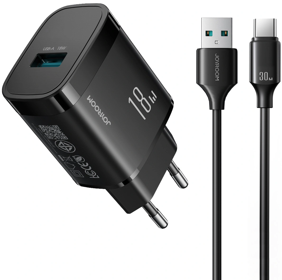 Cargador de Red con Cable USB-C Joyroom JR-TF4, 18W, 3A, 1 x USB-A, Negro