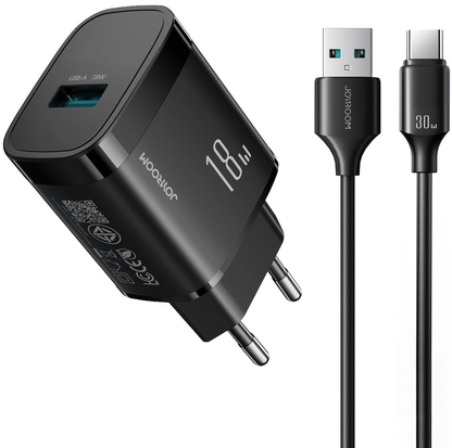 Cargador de Red con Cable USB-C Joyroom JR-TF4, 18W, 3A, 1 x USB-A, Negro
