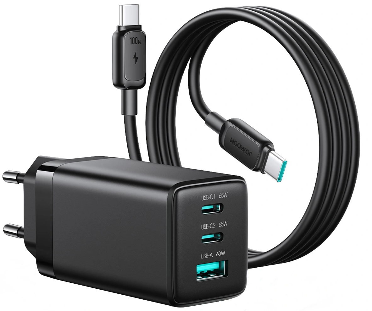 Cargador de Red con Cable USB-C Joyroom JR-TG10, 65W, 3.25A, 1 x USB-A - 2 x USB-C, Negro