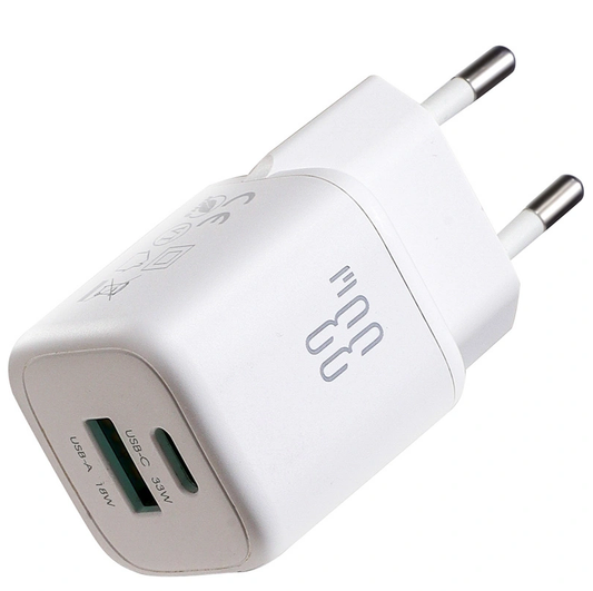 Cargador de Red con Cable USB-C Joyroom JR-TG7, 33W, 3A, 1 x USB-A - 1 x USB-C, Blanco