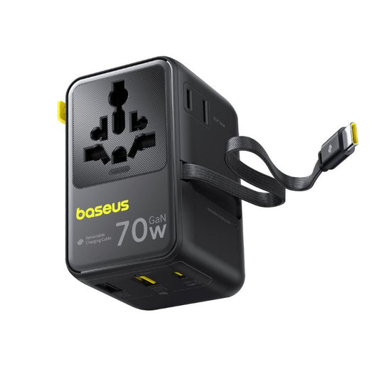 Cargador de Red con Cable USB-C Baseus Travel EnerCore CG11, 70W, 2 x Enchufe - 1 x USB-C - 2 x USB-A, Negro E0307E00
