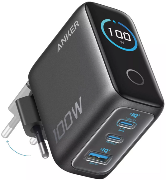Cargador de Red con Cable USB-C Anker Smart Display, 100W, 5A, 1 x USB-A - 2 x USB-C, Gris, Reacondicionado B121BGZ1