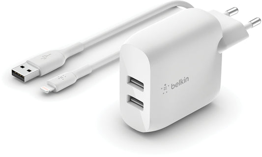 Cargador de Red con Cable USB-C Belkin BoostCharge Dual, 24W, 2.4A, 2 x USB-A, Blanco WCE001vf1MWH