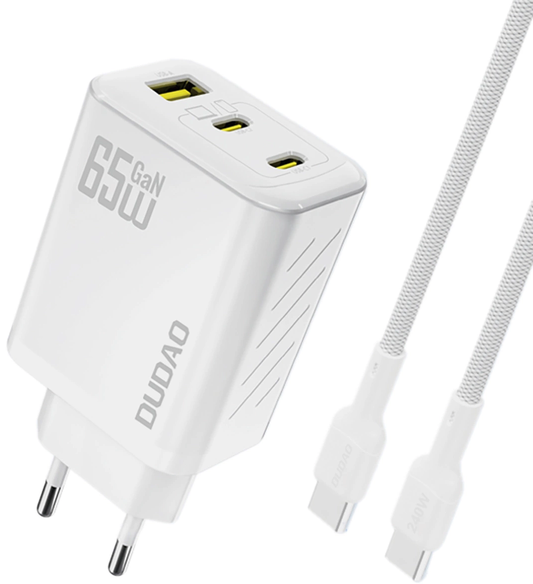 Cargador de Red con Cable USB-C Dudao A29C, 65W, 3.25A, 1 x USB-A - 2 x USB-C, Blanco