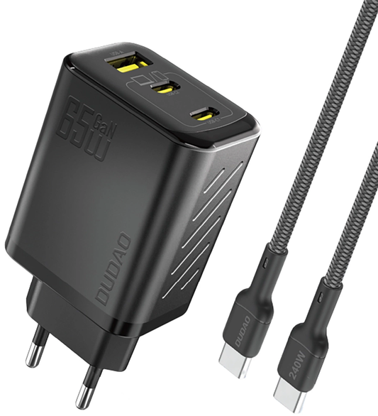 Cargador de Red con Cable USB-C Dudao A29C, 65W, 3.25A, 1 x USB-A - 2 x USB-C, Negro