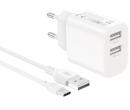 Cargador de red con cable USB-C XO Design CE55, 12 W, 2,4 A, 2 x USB-A, blanco