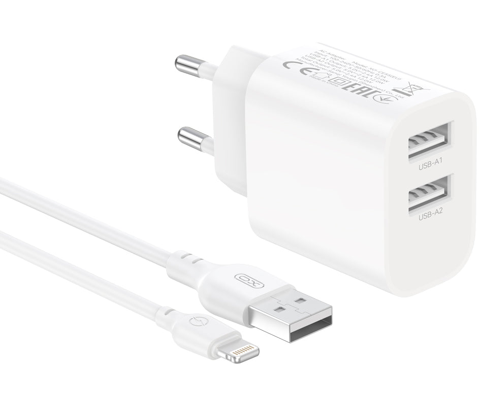 Cargador de pared con cable Lightning XO Design CE55, 12 W, 2,4 A, 2 x USB-A, blanco